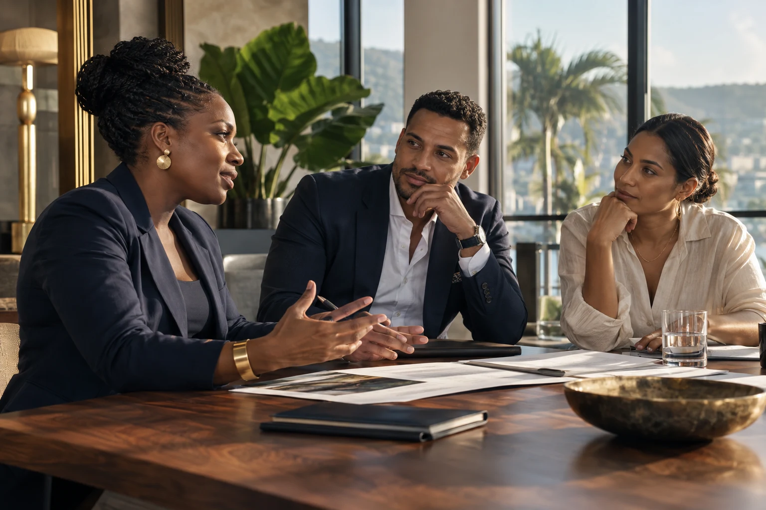 Illustrative scene of business professionals discussing a decision together