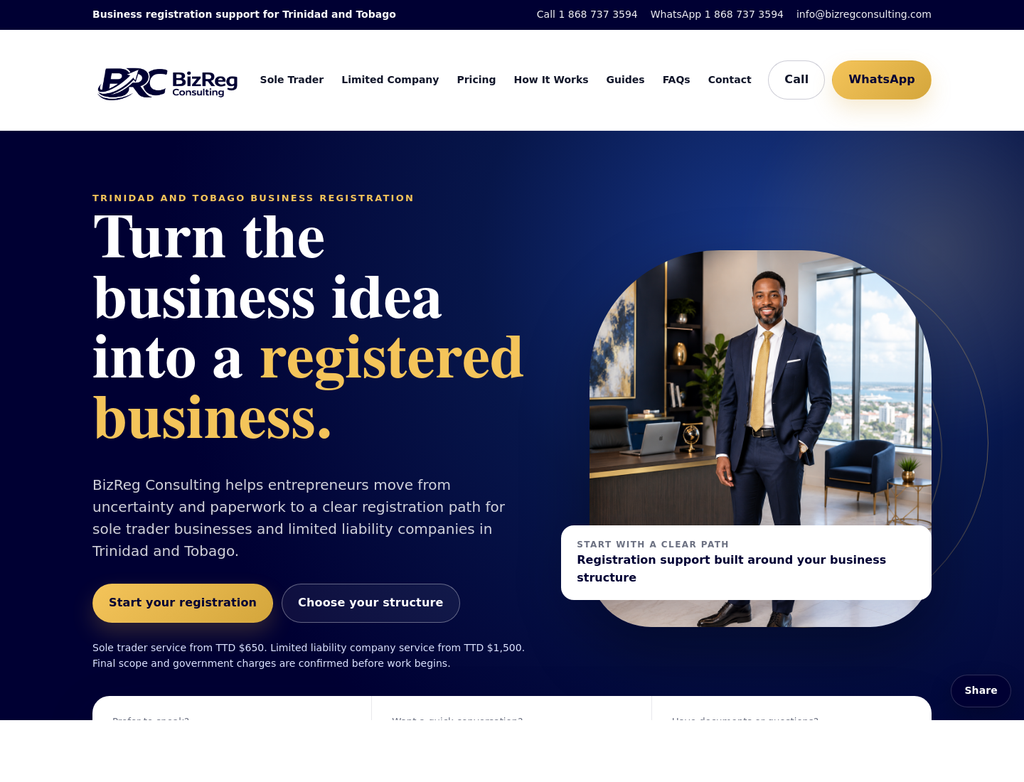 BizReg Consulting homepage, showing the business registration positioning and structure-selection journey.