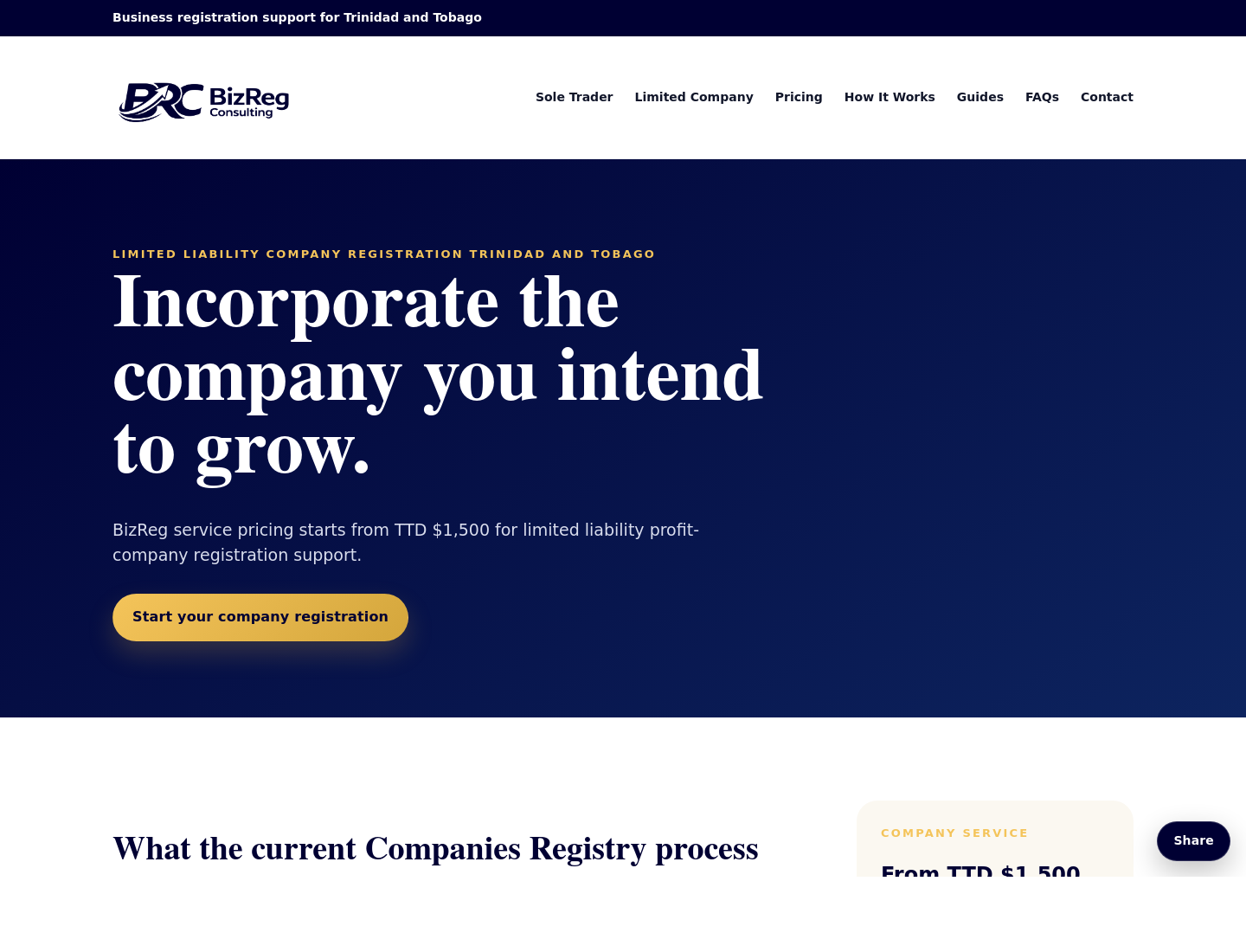 BizReg limited company service page, showing a dedicated high-intent incorporation pathway.