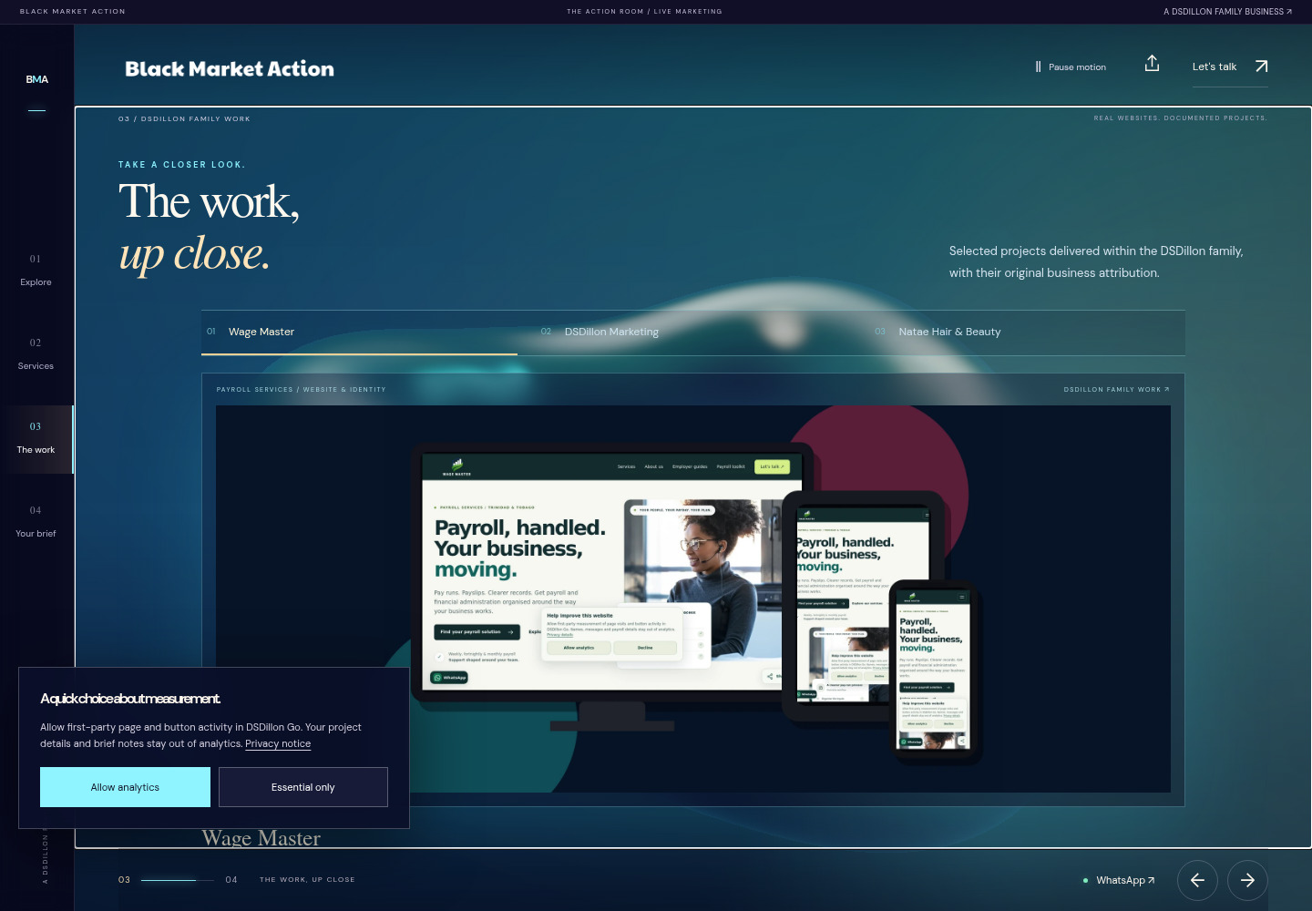 The Action Room Work scene on the published homepage, including the project theatre and responsive device presentation.