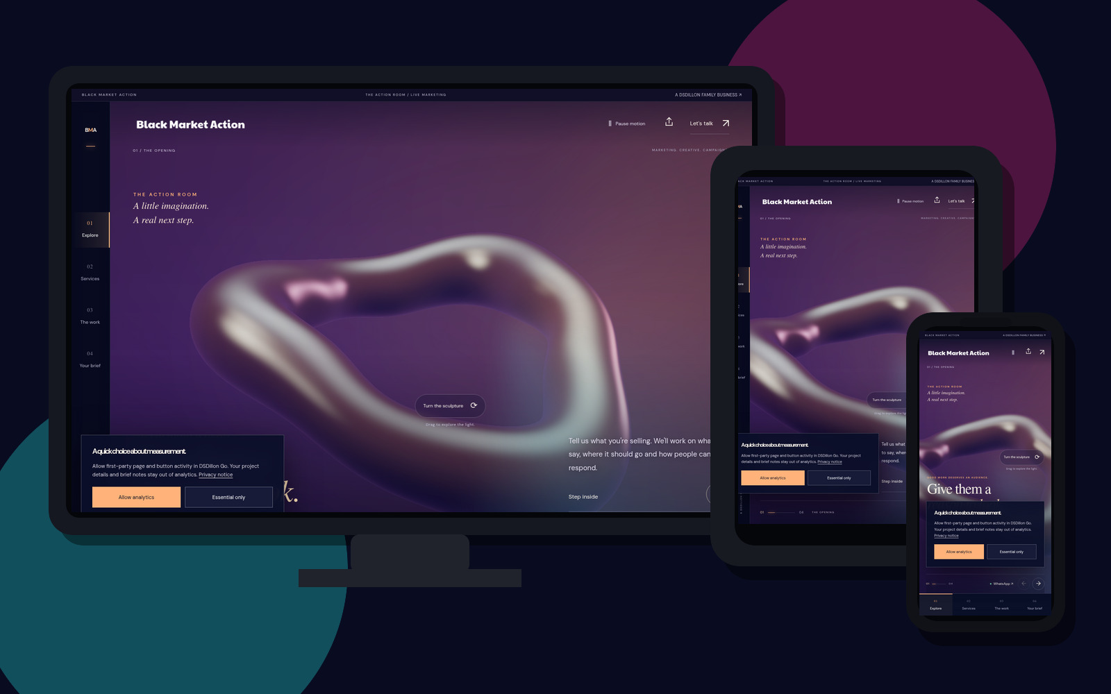 The live Black Market Action homepage shown across desktop, tablet and phone captures taken from the published site.