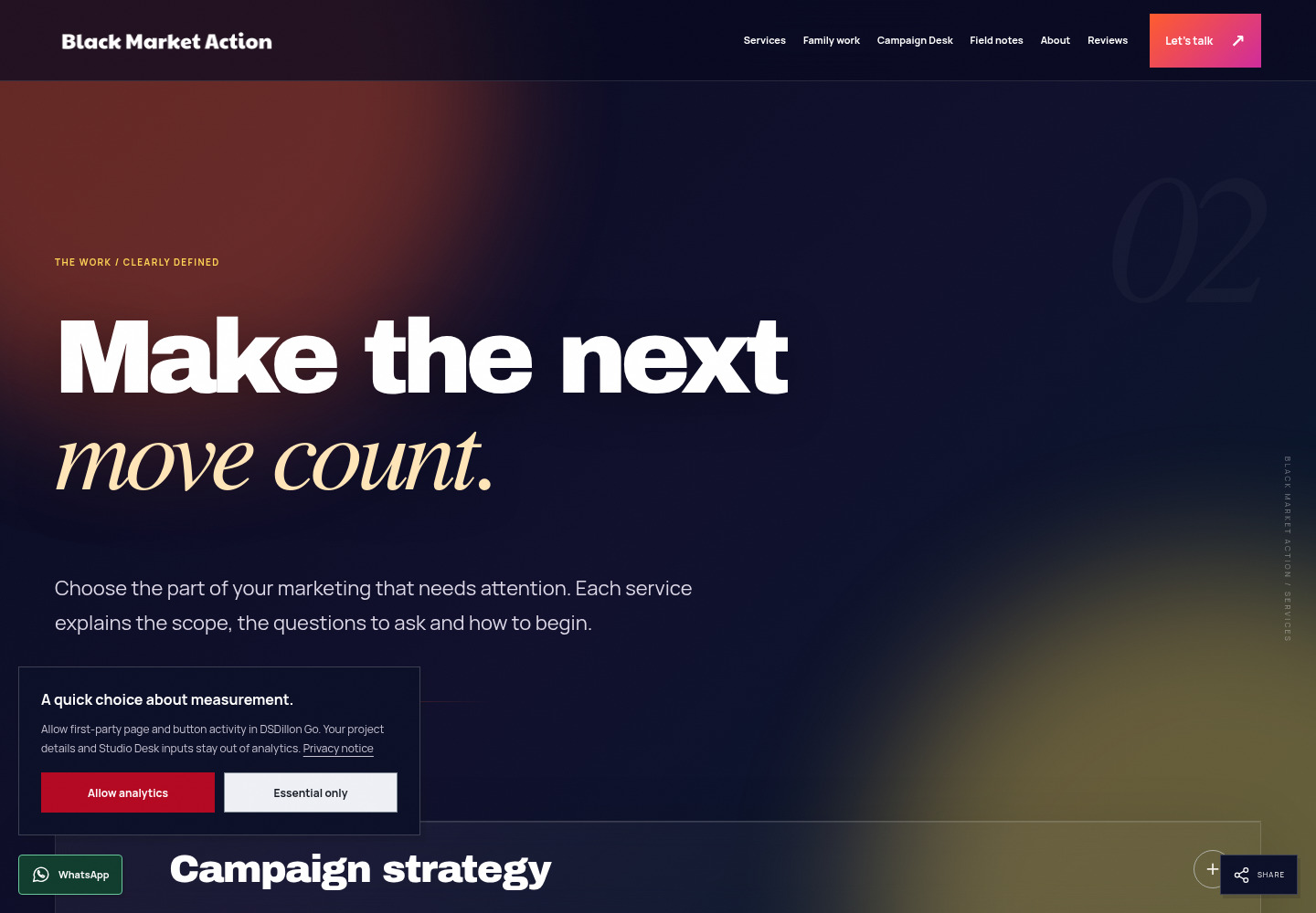 The cinematic Services experience, where the inner-page visual system uses its own orange, magenta and gold atmosphere.