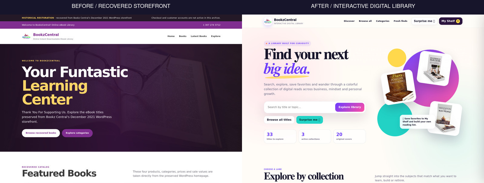 The recovered BookzCentral storefront beside the redesigned interactive library at the same desktop viewport.