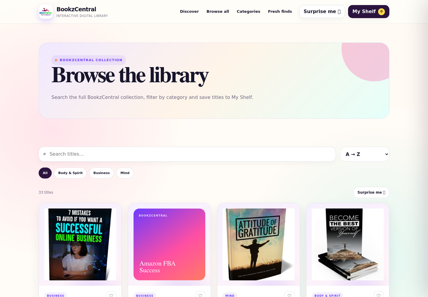 The live Browse Library experience with title search, category filters, sorting, Quick Peek and My Shelf controls.