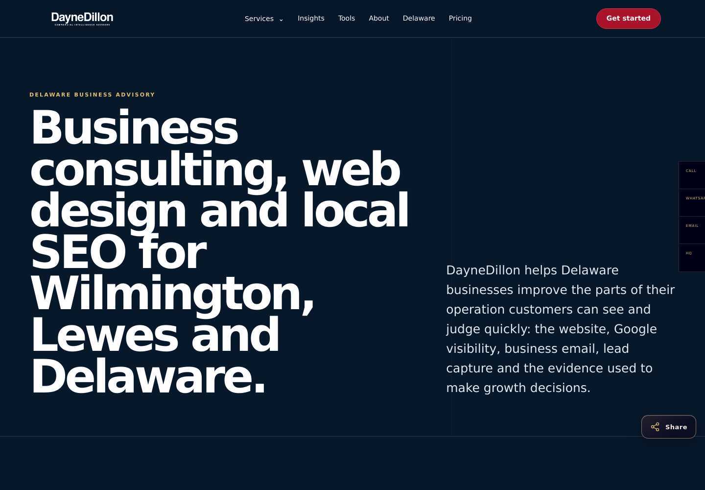 DayneDillon Delaware page, separating Wilmington headquarters positioning from statewide and Lewes service-area coverage.
