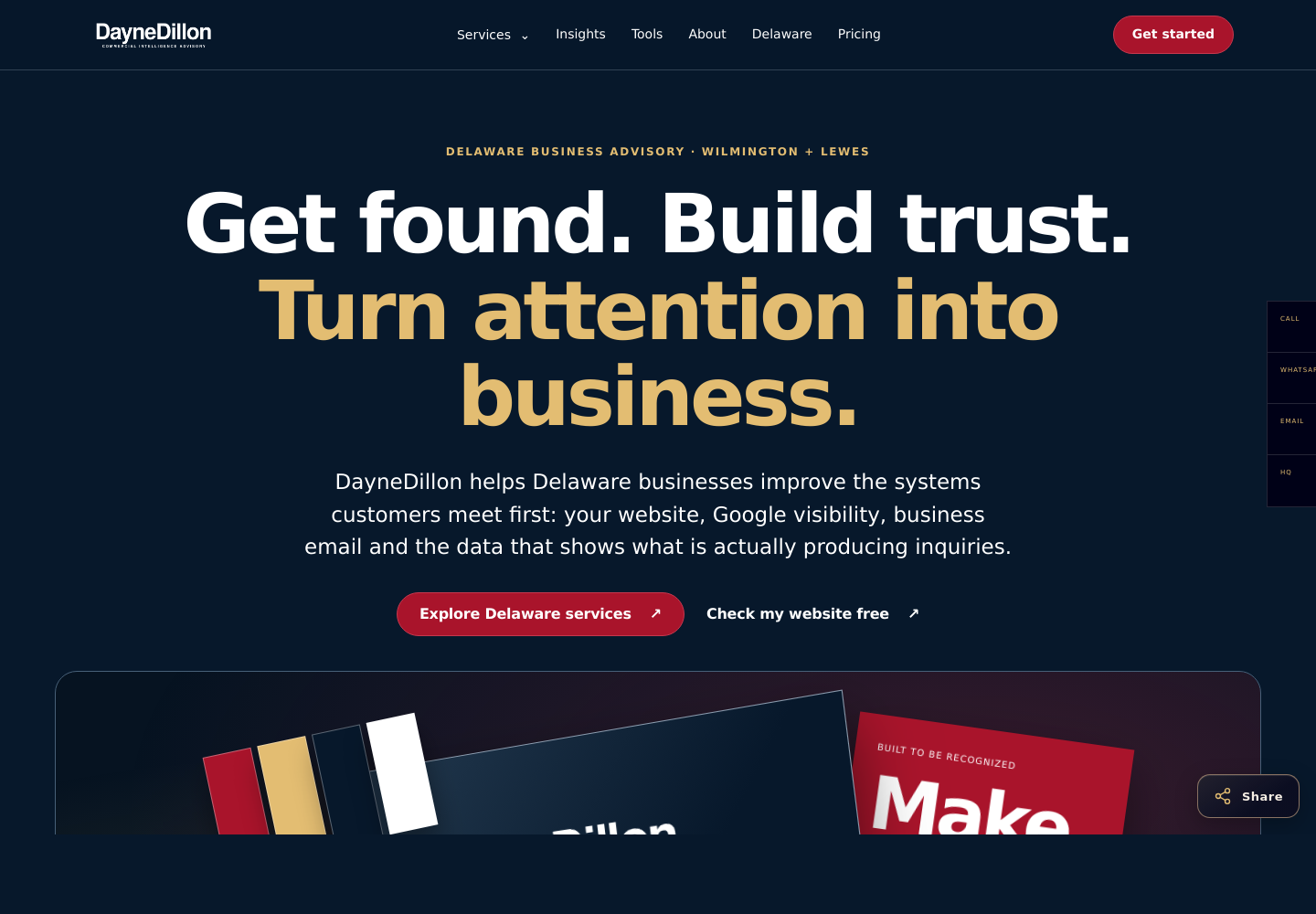 DayneDillon homepage after the Delaware-focused rebuild, showing the primary positioning, navigation, calls to action and commercial-intelligence visual system.