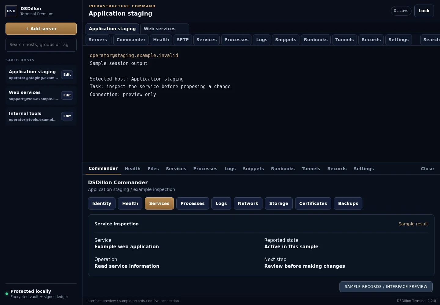 DSDillon Terminal and Commander interface with example service inspection records