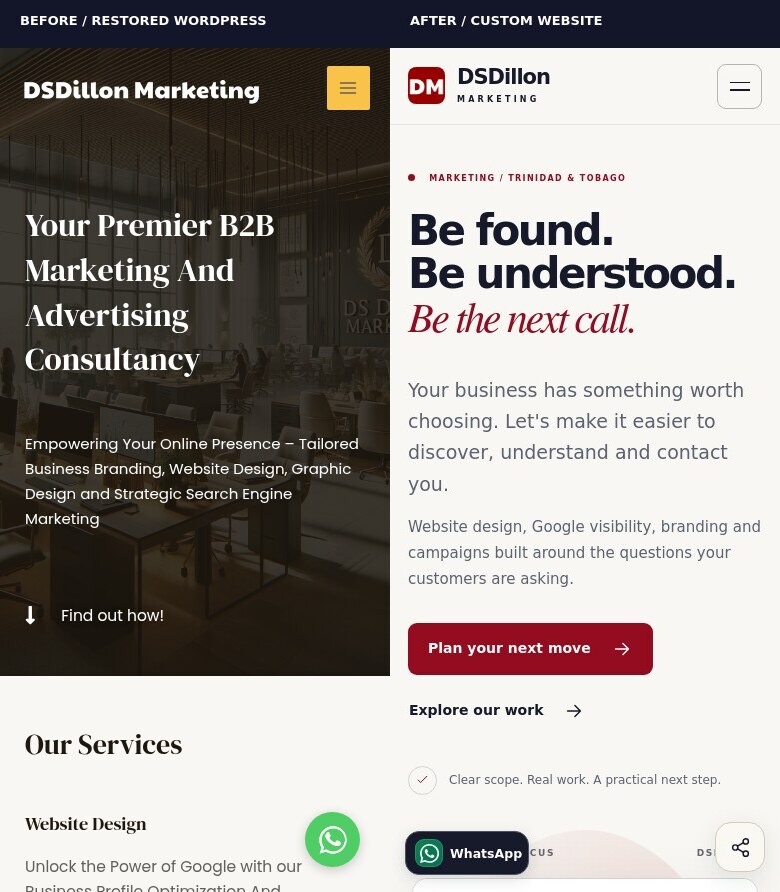 Mobile before and after: the recovered site and custom website captured at the same 390 by 844 viewport, with each version labelled.