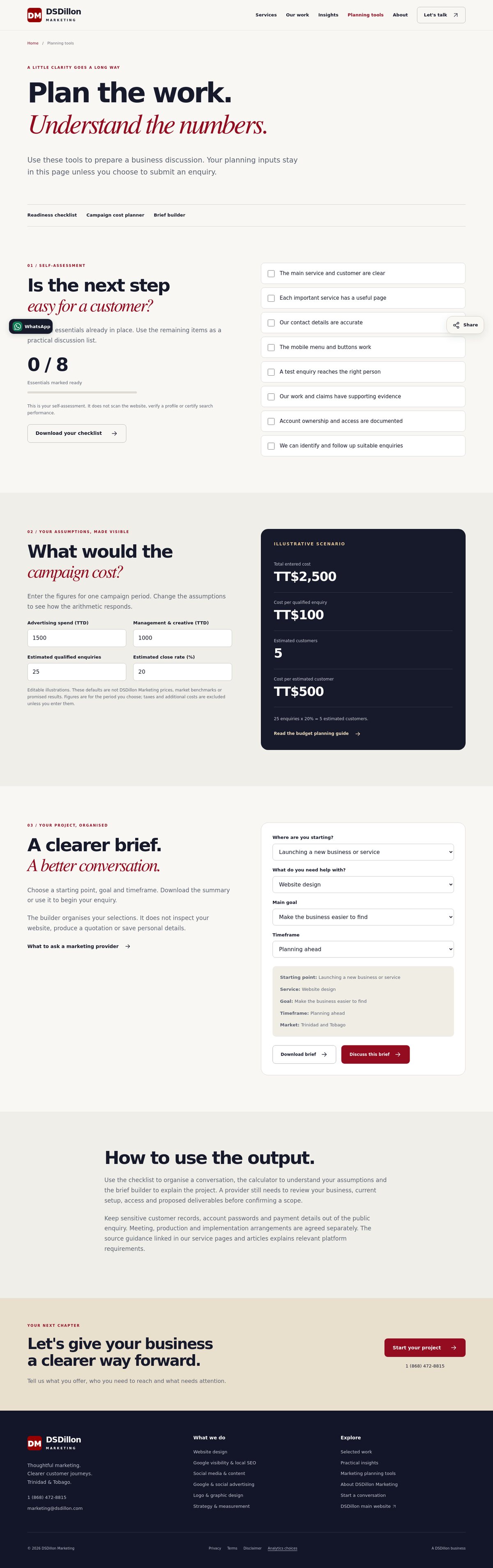 The custom planning tools: an eight-point readiness checklist, campaign cost scenario calculator and downloadable project brief builder.