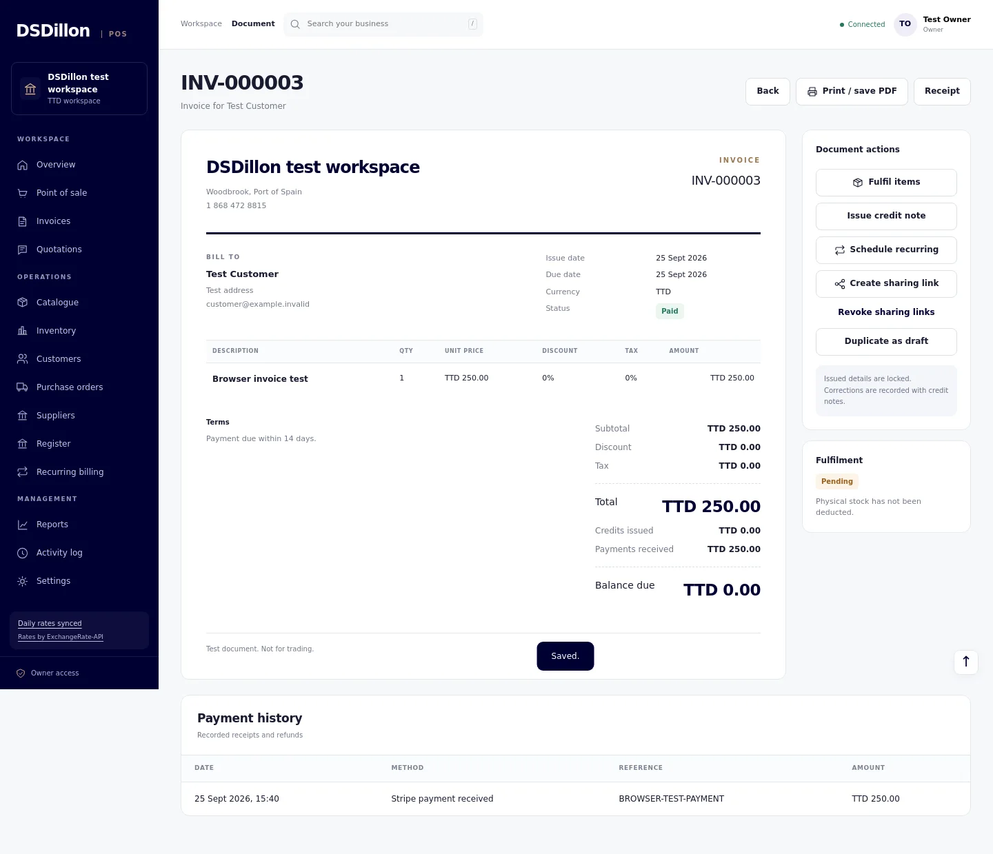 DSDillon POS invoice workspace showing a sample invoice and payment record