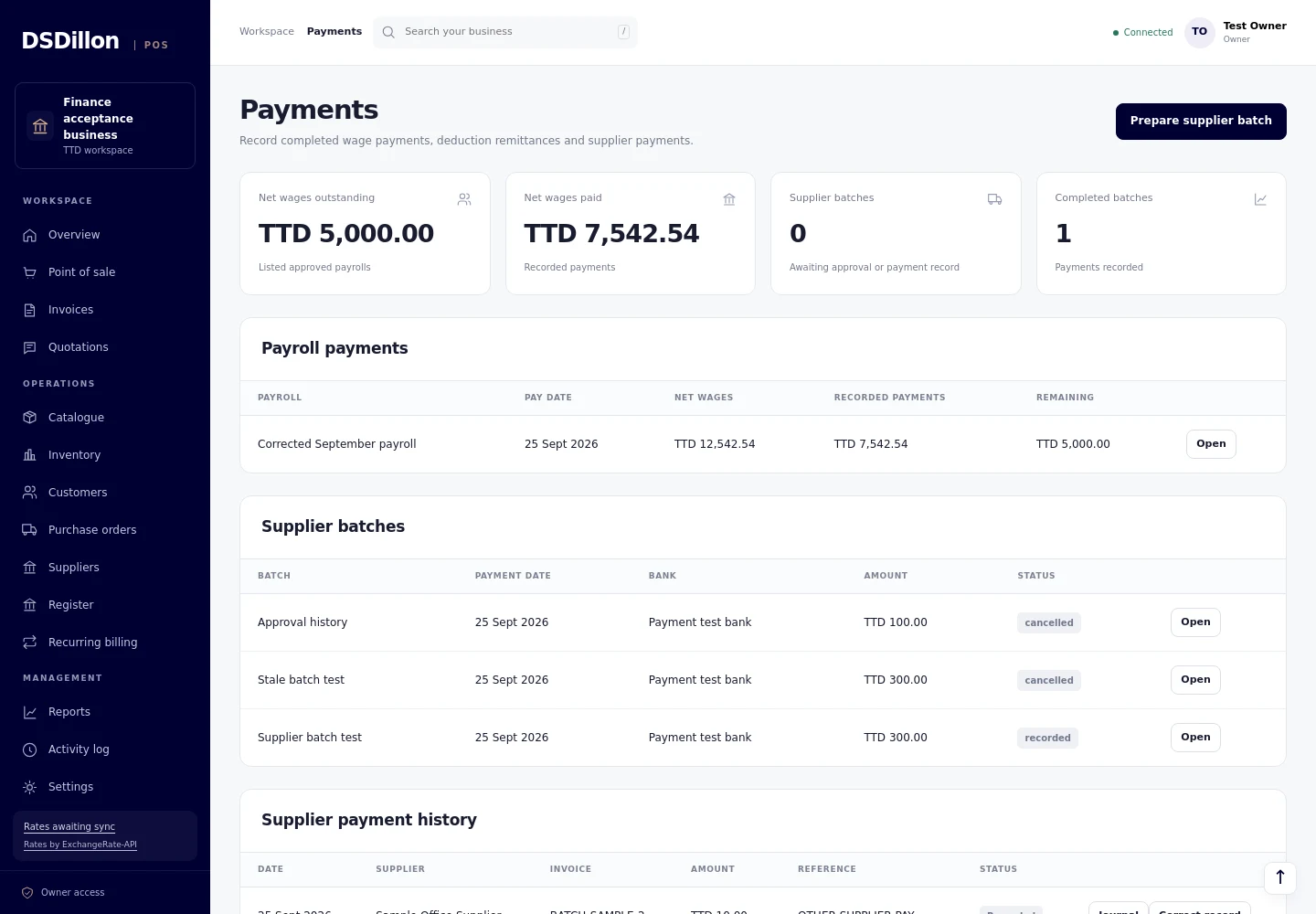 Payroll balances and supplier payment records in DSDillon POS using sample data