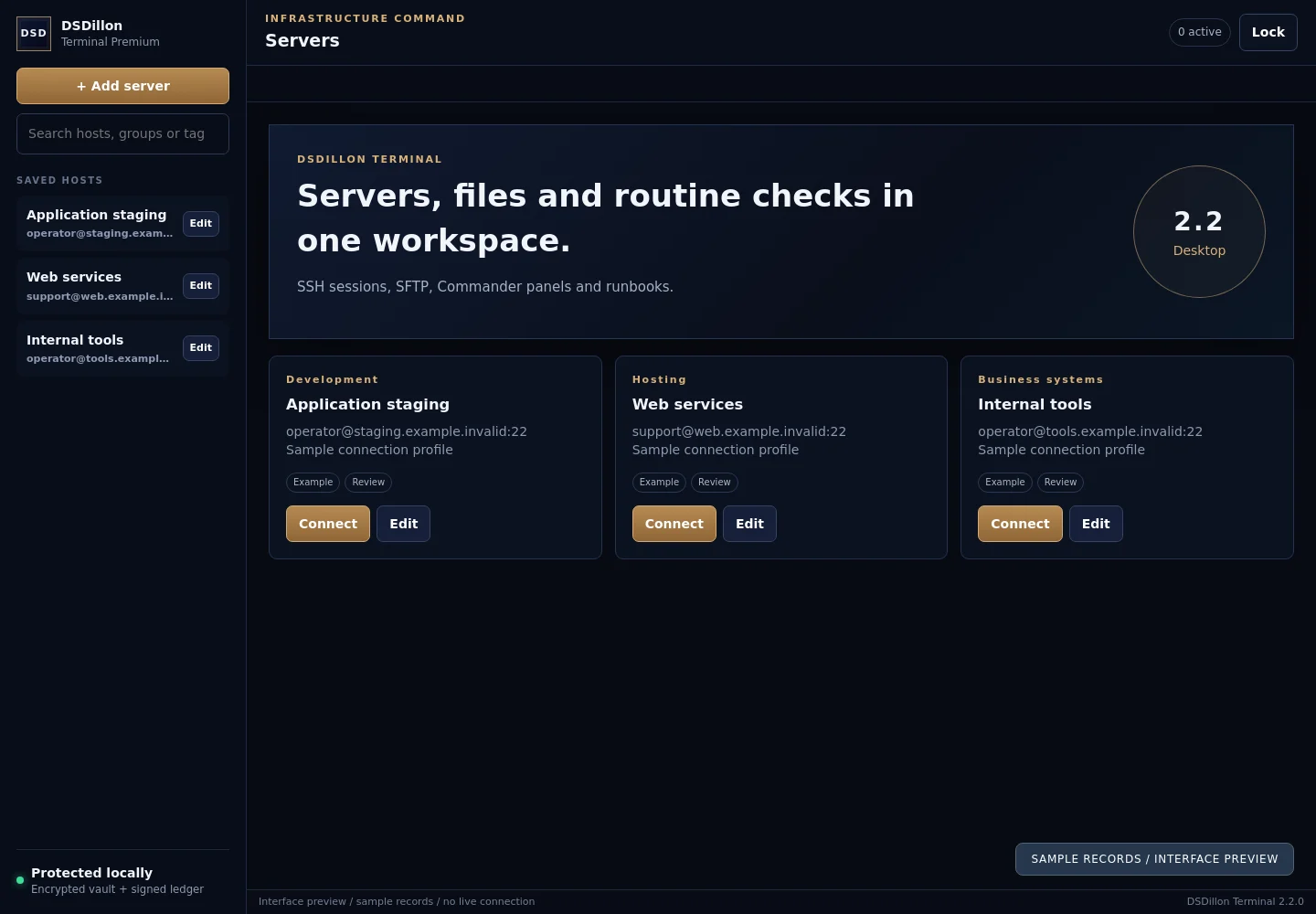 DSDillon Terminal saved host directory with sample profiles