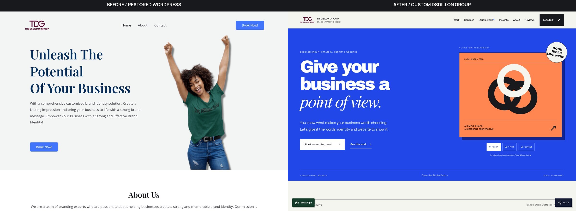 The restored WordPress homepage and the new DSDillon Group design, captured at matching 1440 by 1000 desktop viewports.