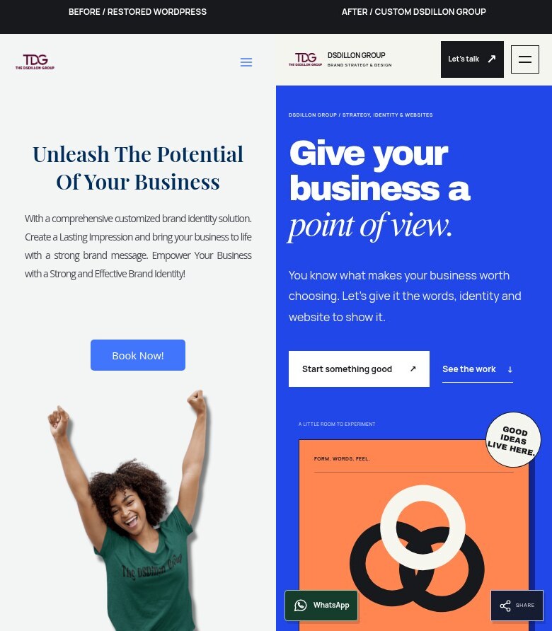The restored and custom homepages at the same 390 by 844 mobile viewport. Each version is labelled.
