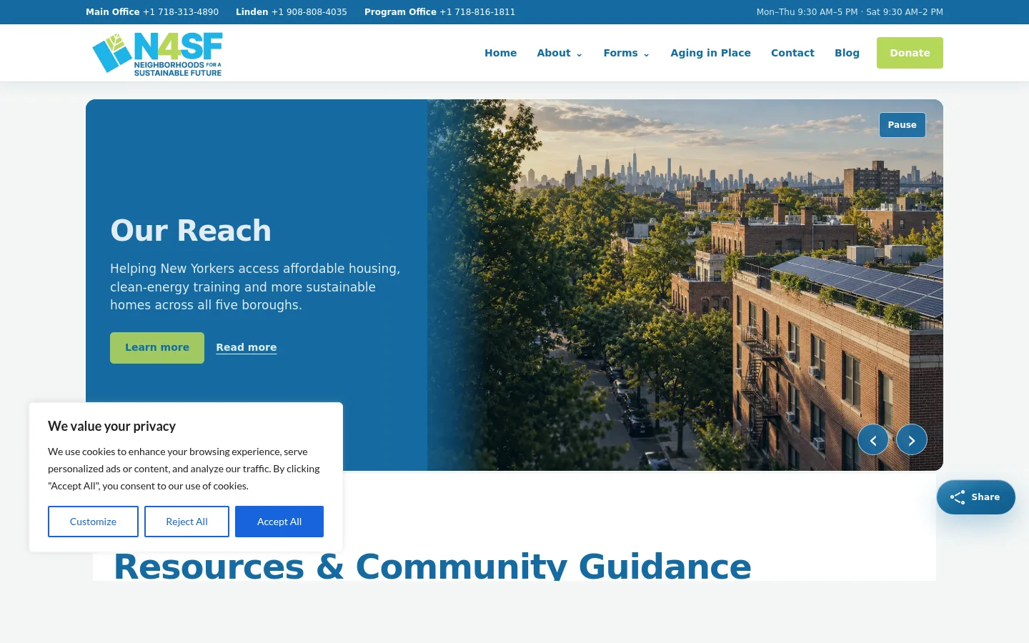 Neighborhoods for a Sustainable Future (N4SF) live website desktop view