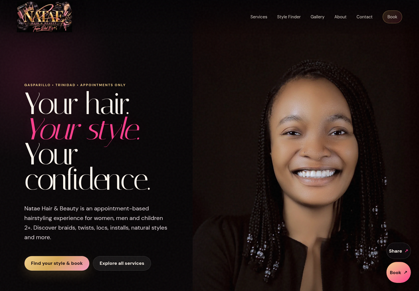 Natae Hair & Beauty homepage, showing the premium mobile-first hairstylist brand experience and appointment pathways.