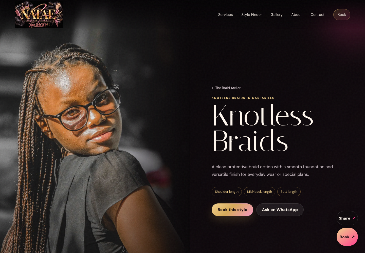 Dedicated knotless braids service page, showing how an individual hairstyle is treated as its own search and booking journey.