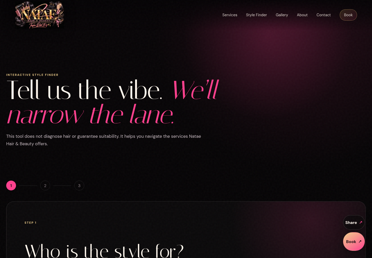 Interactive Style Finder, helping visitors move from audience and style preference to the most relevant service collection.