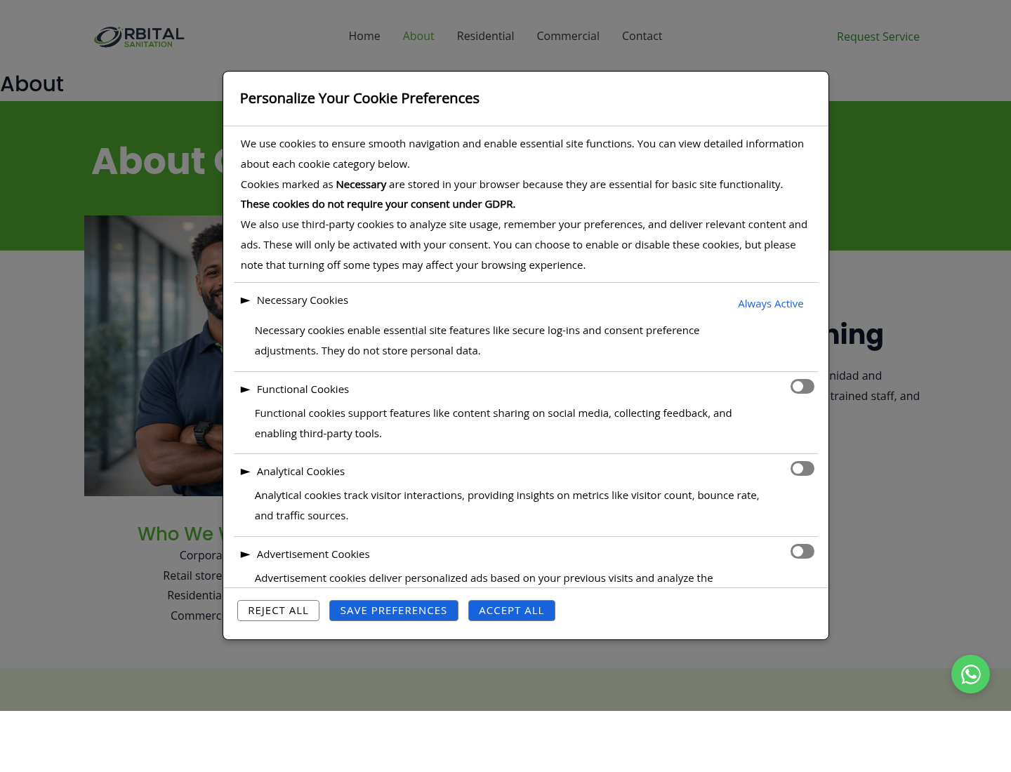 Orbital Sanitation about page, presenting the company’s structured-service positioning and customer types.