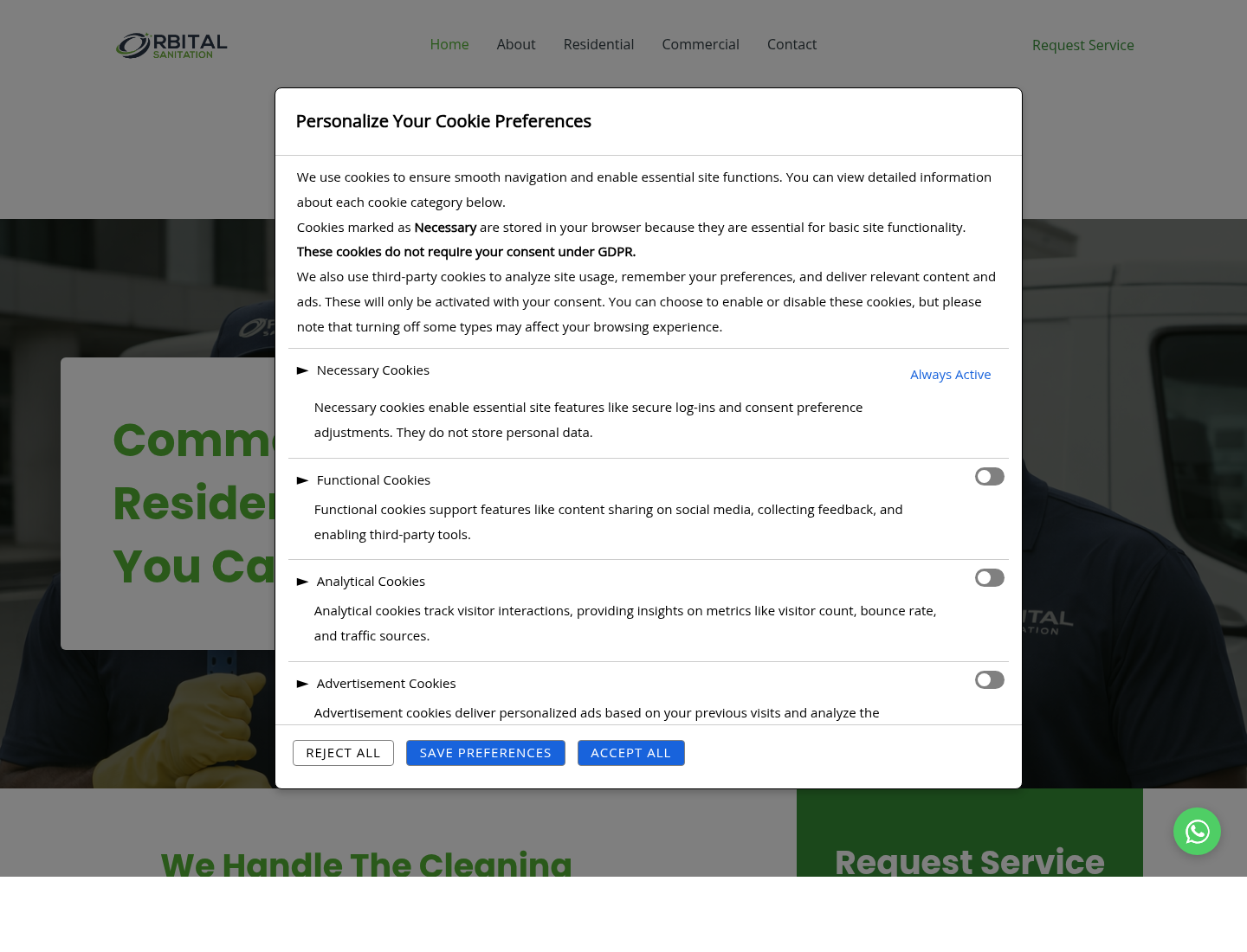 Orbital Sanitation homepage, showing the cleaning-service positioning, service categories and request pathways.