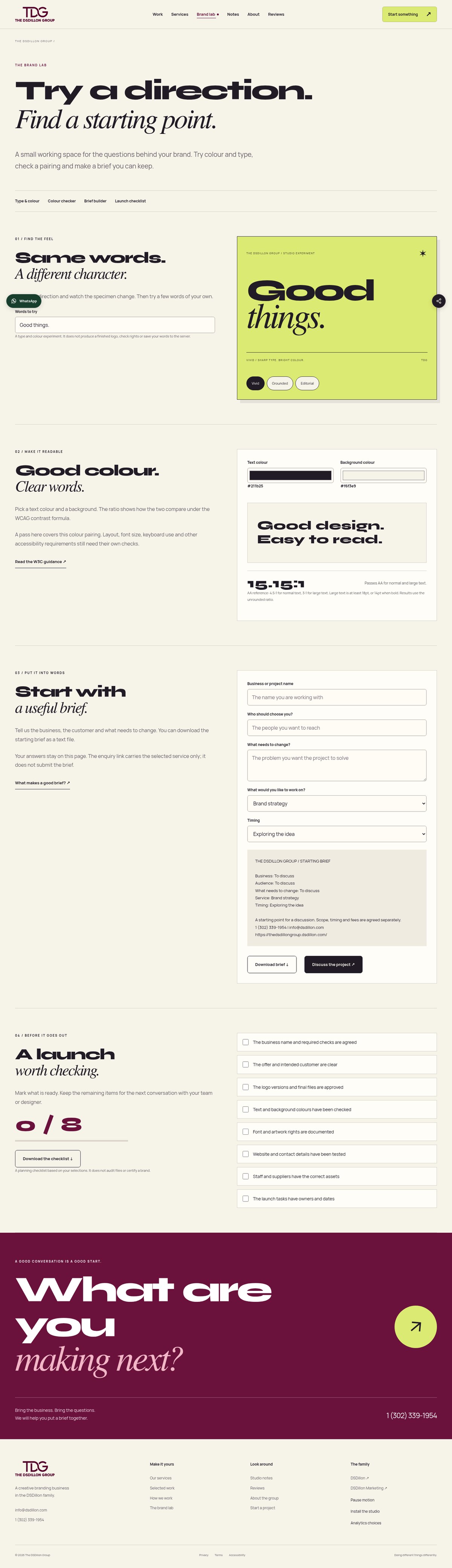 The Brand Lab on the published custom site: type and colour experiments, a contrast checker, a downloadable brief and a launch checklist.