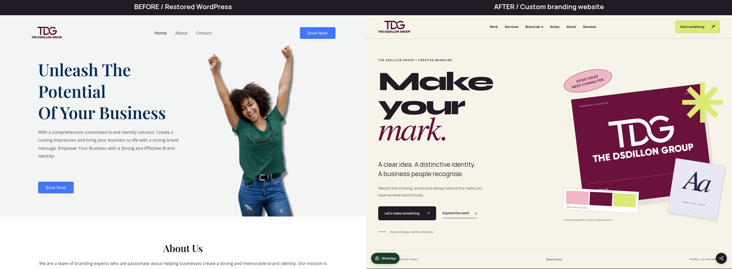 Desktop before and after. The restored WordPress homepage is on the left; the custom branding website is on the right. Source captures were taken at 1440 by 1000 pixels and resized equally for this comparison.