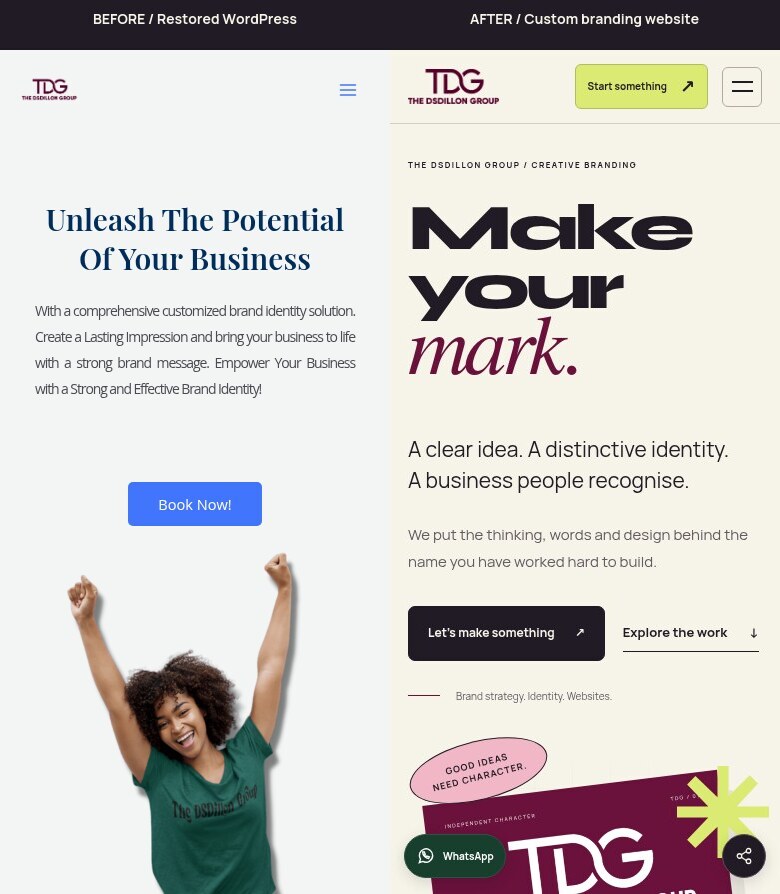 Mobile before and after, using matched 390 by 844 pixel source captures. The original TDG logo remains part of both versions.