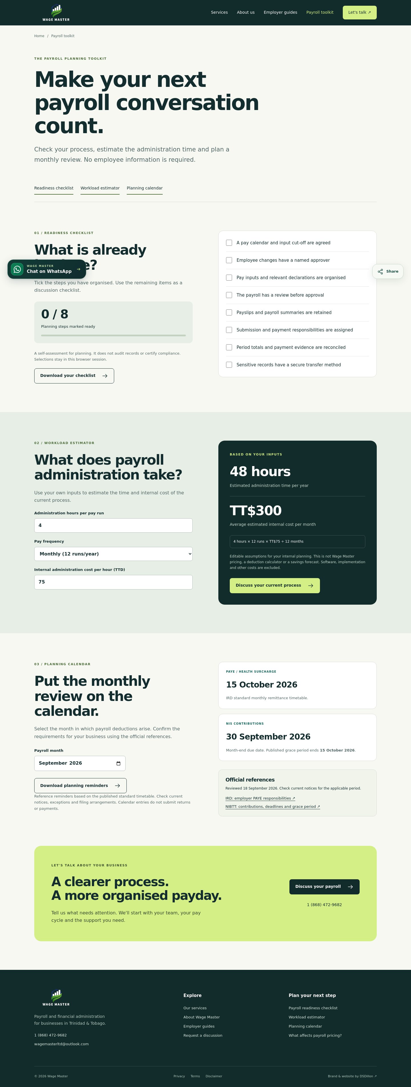 The custom payroll planning toolkit: readiness checklist, administration workload estimator and monthly planning calendar.