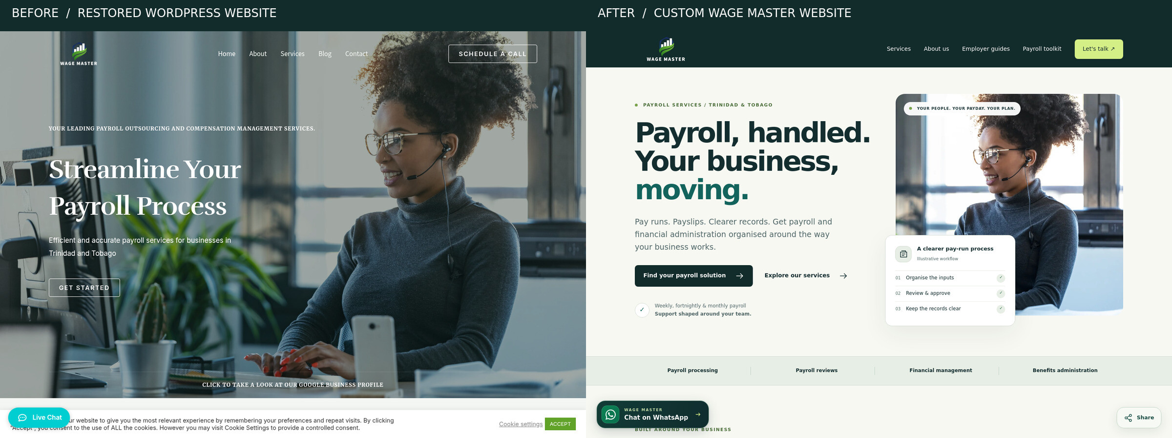 Desktop before and after: the restored WordPress homepage on the left and the custom Wage Master website on the right. Both source captures use a 1440 by 1000 viewport; labels identify each version.
