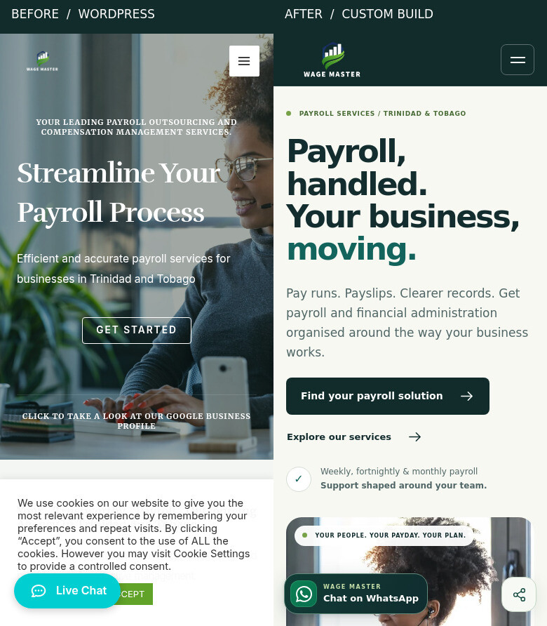 Mobile before and after: the restored website on the left and the custom build on the right, captured at the same 390 by 844 viewport.