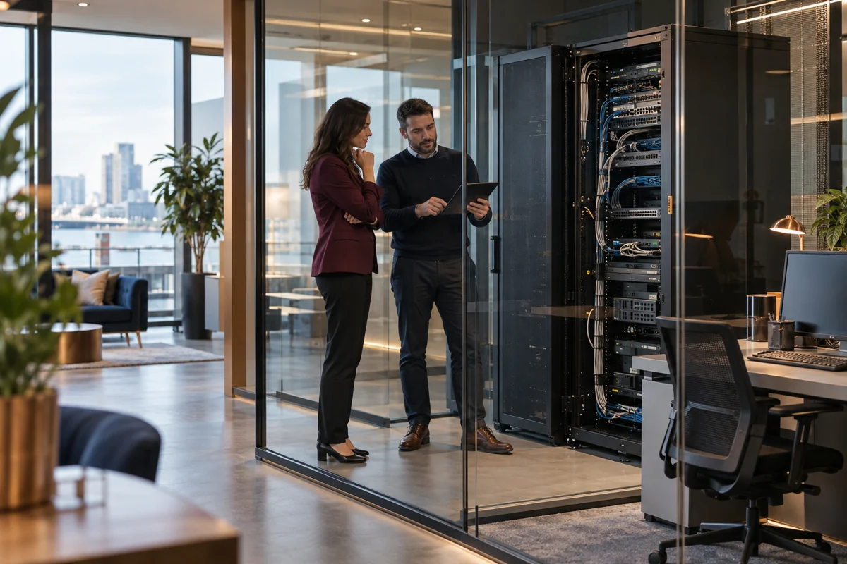 A business manager and technician reviewing an office network installation