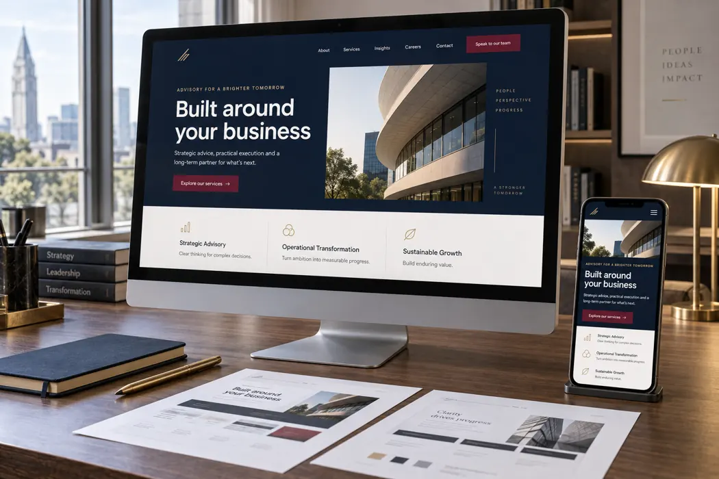A coordinated business website design presented on desktop and mobile screens