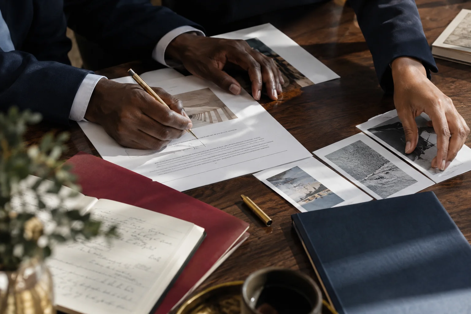 Hands reviewing a printed business brief and research material at a working desk